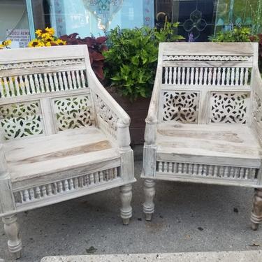 Gorgeous pair of Vintage Porter Maharaja Hand-carved Solid Sheesham Rajasthan Chairs imported from India