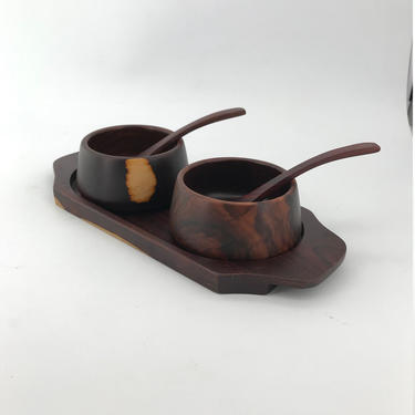 Rare Brazilian Rosewood Tray Spice Sugar Bowls with Spoons Vintage Mid-Century Hand Carved Modern Craft 