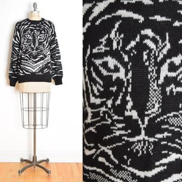 vintage 80s sweater TIGER FACE cat black and white ugly jumper top shirt L XL clothing 