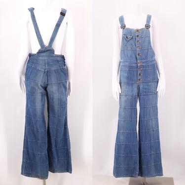 70s HANG TEN patchwork denim bell bottom overalls 10 / vintage 1970s jeans jumpsuit flared bottoms button up front size 30-32 by ritualvintage