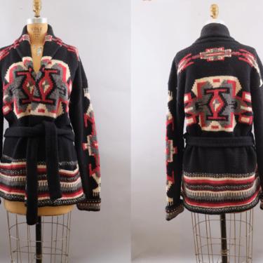 Ralph Lauren Cardigan Black Southwestern Aztec Hand Knit Wool Large 