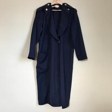 60s Navy Blue Trench Coat with Gold Crest Buttons By California Girl | Extra Large/XXL 