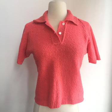 Vintage 40’s 50’s Coral Cropped PINUP SWEATER / Hand Knit / Short Sleeves + Collar 