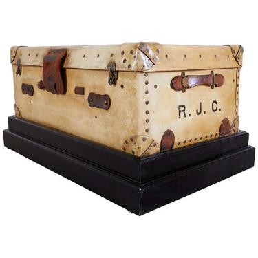 19th Century English Leather Luggage Trunk on Stand