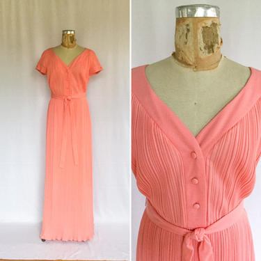 Vintage 70s maxi dress | Vintage salmon pink knit pleated long evening gown | 1970s Marita by Anthony Muto evening dress 