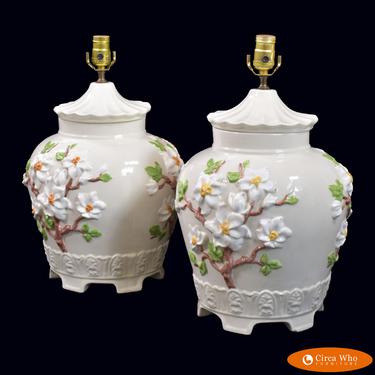 Pair of Pagoda Floral Lamps