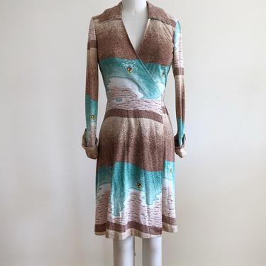 Brown and Green Abstract Print Wrap Dress - 1970s 