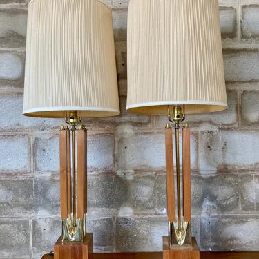 Pair of MCM Wood & Gold Table Lamps