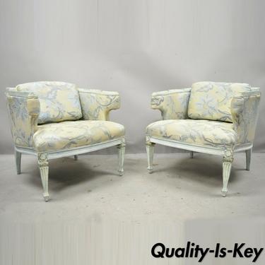 Vintage French Provincial Louis XVI Blue &amp; Cream Painted Club Chairs - a Pair