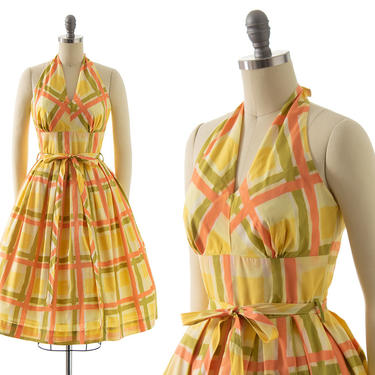 Vintage 1950s Sundress | 50s CATALINA Plaid Cotton Halter Strap Yellow Orange Full Skirt Fit and Flare Day Dress (x-small/small) 