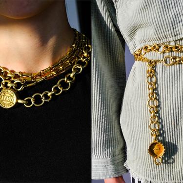 Vintage 80s Donna Karan DKNY Chain Link Bottle Cap Adjustable Waist Belt Necklace | Convertible Belt or Necklace | 1980s Designer Boho 