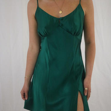 Vintage Emerald Green Victoria’s Secret Silk Slip Dress - S/M - Adjustable Straps - Front Side Slit 