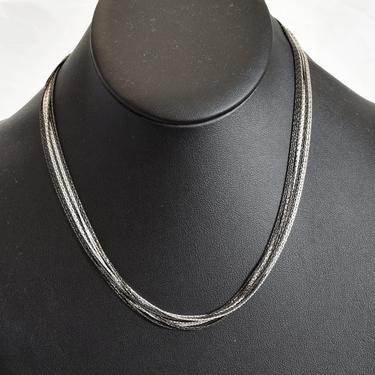 Dark glam 80's Italy sterling silver multi-strand necklace, 10 tier black & silver 925 edgy elegant fine chain necklace 
