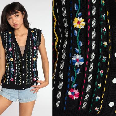 Floral Sweater Vest Top 90s Vest Floral Tank Top Black Embroidered Knit Shirt Retro Sleeveless Sweater 80s Vintage Button Up Medium 