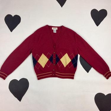 80's preppy argyle knit wool cardigan 1980's Talbots classic prep V-neck button up sweater / East Coast / autumn fall collegiate scholar S 