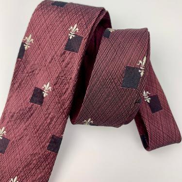 1960'S Cranberry Colored Tie - Fleur-de-lis Pattern - By CAVALIER - Square End Tie 