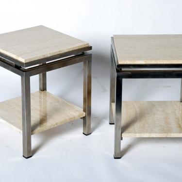 Pair of Two-Tier Travertine Side Tables in the Style of Guy Lefevre for Maison Jansen | c. 1970