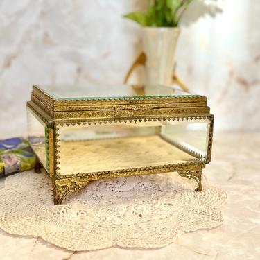 Gold Ornate Jewelry Box, Ormolu, Glass, Hollywood Regency, Trinket Box, Mid Century Vintage 
