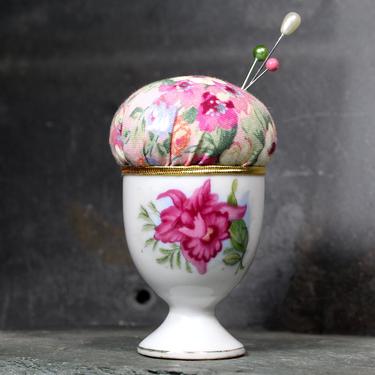 Floral Ceramic Upcycled Pin Cushion - Vintage Egg Cup Pin Cushion - Handmade - Gift for Sewers &amp; Quilters  | FREE SHIPPING 