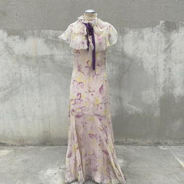 Antique 1920s 1930s Purple, Cream &amp; Yellow Silk Chiffon Maxi Dress &amp; Cape 2PCE