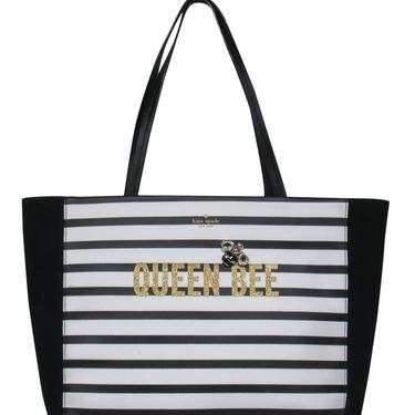 Kate Spade - Black & White Striped "Queen Bee Hallie" Tote w/ Jeweled Bee