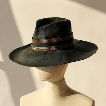 Vintage 60s Frank Olive for Neiman Marcus Black Straw Wide Brim Floppy Sun Hat | Crushable, Pinched Crown | 1960s Designer Wide Brim Hat by TheVault1969