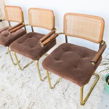 Set of 4 Vintage Marcel Breuer Chairs with Light Brown Wood and Cane Backs, Brown Upholstered Seats and Gold Base 