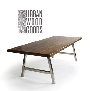 Reclaimed Dining Table with reclaimed wood top and brushed stainless steel A frame legs in choice of style, size and finish 