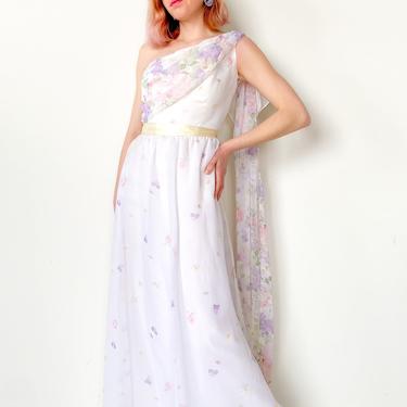 1970s One Shoulder Floral Goddess Gown Wedding Dress , sz. S