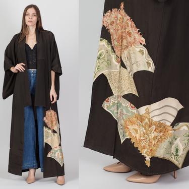 Vintage Japanese Silk Fan Print Distressed Kimono - One Size | Boho Mid Century Maxi Black Robe 