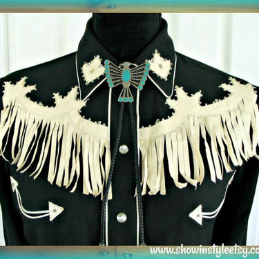 Bolo Tie, Vintage Western Cowboy or Cowgirl Neck Wear, Native American, Silver &amp; Turquoise Thunderbird Design on Black Braided Cord 