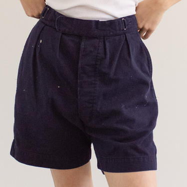 Vintage 29 Waist Pleat Blue Twill Chino Shorts | High Rise Workwear | Button Fly | SB027 