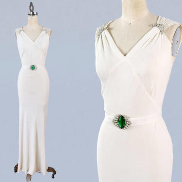 1930s Wedding Dress / 30s Crepe White Gown / Bias Cut / Plunging V BACK / Rhinestone Dress Clips / Art Deco Belt Buckle 