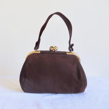 Vintage 1950's Bienin Davis Chocolate Brown Suede Purse Handbag Top Handle Gold Hardware Clasp 50's Accessories 