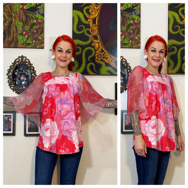 Vintage 1970’s Pink and Red Floral Blouse with Chiffon Sleeves 