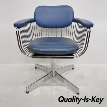 Mid Century Modern Warren Platner Style Chrome &amp; Blue Vinyl Chair