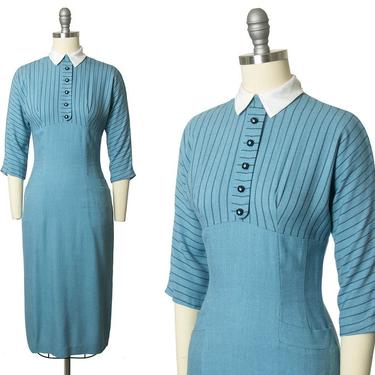 Vintage 1950s Dress | 50s Blue Pinstripe Wiggle Dress Tailored Secretary Sheath Day Dress with Pockets (small) 