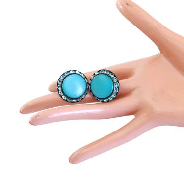 1960s Teal Rhinestone & Moonglow Button Earrings - Vintage Cocktail Earrings - Vintage Turquoise Earrings - 50s Teal Cocktail Earrings 