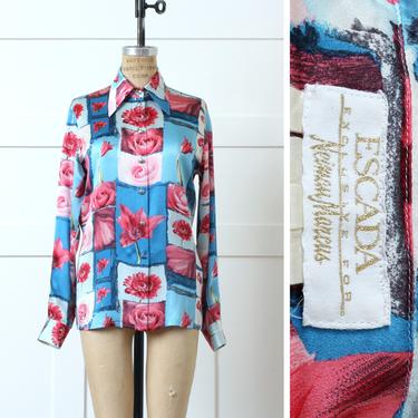 designer vintage 1990s silk blouse • Escada bright floral photo print blouse in bright turquoise blue &amp; hot pink 