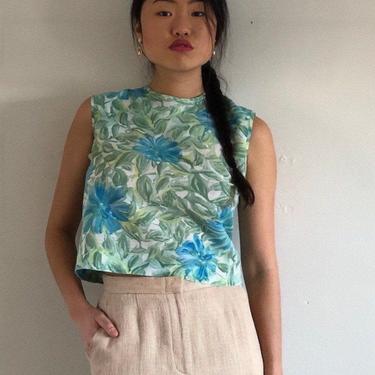 60s cotton sleeveless blouse / vintage aqua watercolor floral button back sleeveless crop top blouse | XS S 