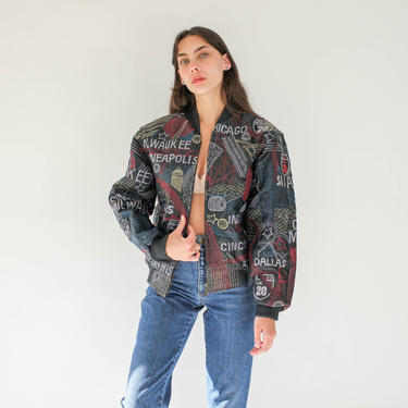 Vintage 90s Paradiso Leather Embroidered Bomber Jacket w/ City Names &amp; Landmarks | 100% Genuine Leather | 1990s Hip Hop, Streetwear Jacket 
