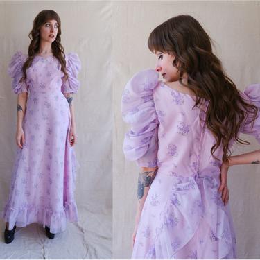 Vintage 70s Lavender Puff Sleeve Gown/ 1970s Purple Summer Spring Ruffle Maxi Dress/ Size Medium 