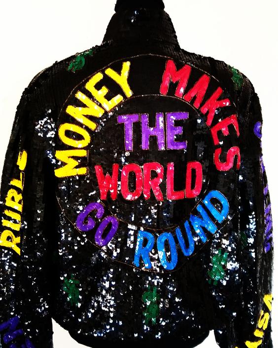 MONEY MAKES the WORLD go Round sequin beaded bomber jacket Pop Art sequin jacket coat size small s medium m 38 Unisex hip hop museum jacket 