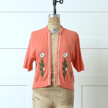 vintage 1960s coral floral cardigan • short sleeve bright acrylic sweater with embroidered spring flowers 