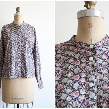 Edwardian style '80s blouse - blue &amp; pink rose print top / LIZWEAR blouse - floral print cotton shirt / vintage 90s blouse - floral shirt 
