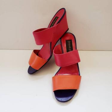 1990s Donna Karan Shoes Slides / 90s Designer Wedge Sandals Orange Fuschia Color Block Mules / 6.5 