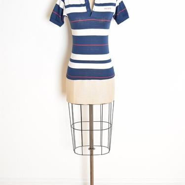 vintage 80s top polo shirt soft thin navy white striped t shirt tee frat logo XS clothing preppy 