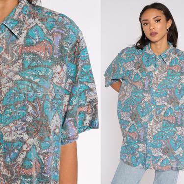 Tropical Leaf Shirt Surfer Blue HAWAIIAN Blouse 80s Top Leaf Print Button Up Short Sleeve Surf 90s Vintage Men's Extra Large xl 