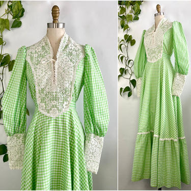 PRAIRIE TALE Vintage 70s Dress | 1970s Green Gingham & Lace Granny Maxi | 60s Hippie Victorian, Cottagecore Boho, Gunne Sax Style | Sz Small 