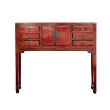 Chinese Oriental Rustic Red Lacquer Drawers Side Table cs5404S